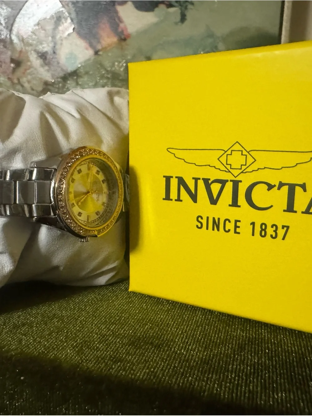 Invicta Silver Tone Watch with Yellow Accent Box